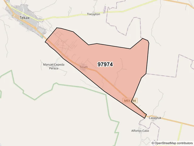 Mapa del código postal 97974, Tekax, Yucatán