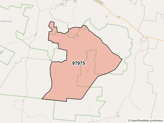 Mapa del código postal 97975, Tekax, Yucatán