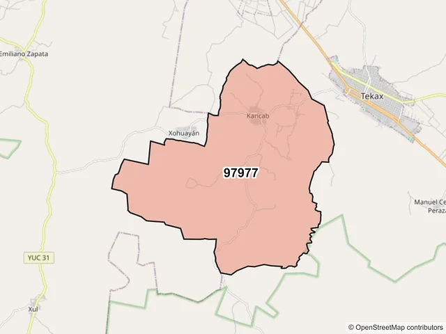 Mapa del código postal 97977, Tekax, Yucatán