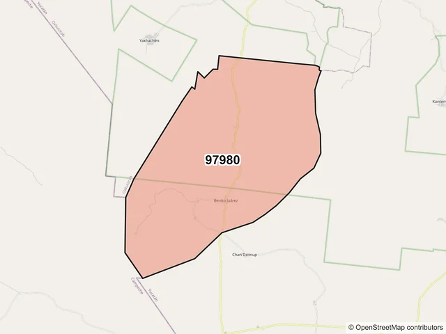 Mapa del código postal 97980, Tekax, Yucatán