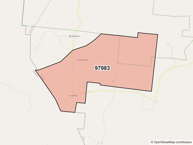 Mapa del código postal 97983, Tekax, Yucatán