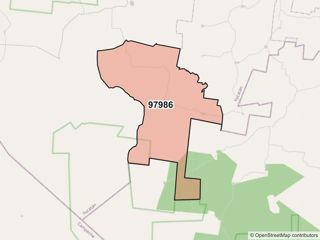 Mapa del código postal 97986, Tekax, Yucatán