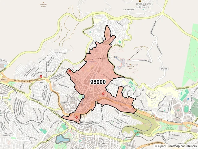 Mapa del código postal 98000, Zacatecas, Zacatecas