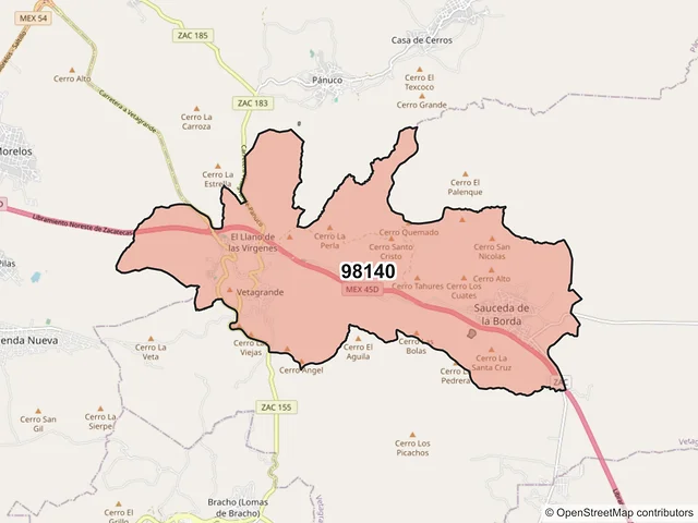 Mapa del código postal 98140, Vetagrande, Zacatecas