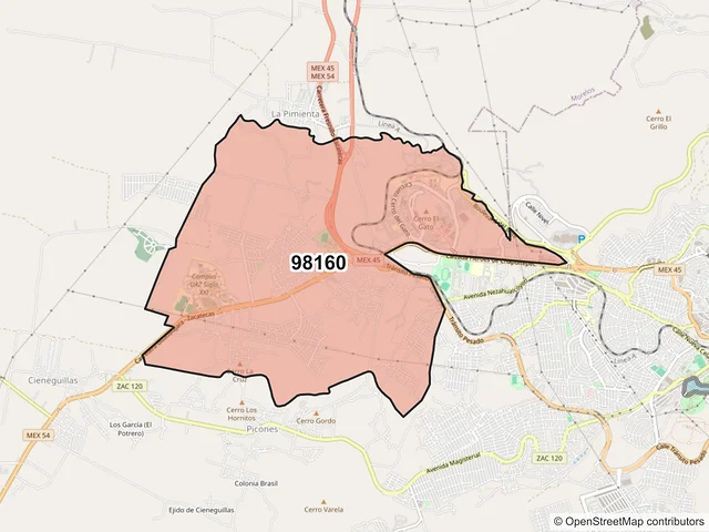 Mapa del código postal 98160, Zacatecas, Zacatecas