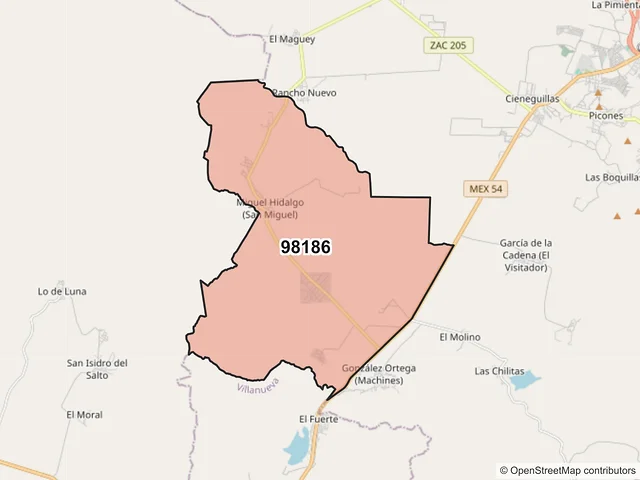 Mapa del código postal 98186, Zacatecas, Zacatecas
