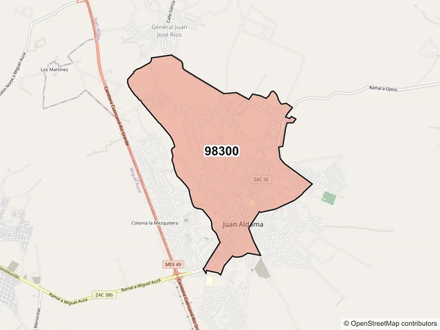 Mapa del código postal 98300, Juan Aldama, Zacatecas