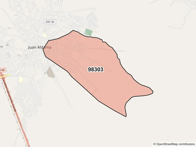 Mapa del código postal 98303, Juan Aldama, Zacatecas