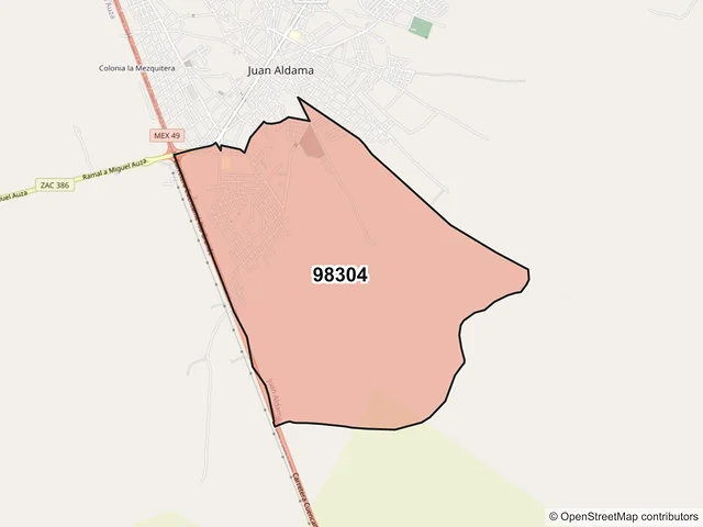 Mapa del código postal 98304, Juan Aldama, Zacatecas