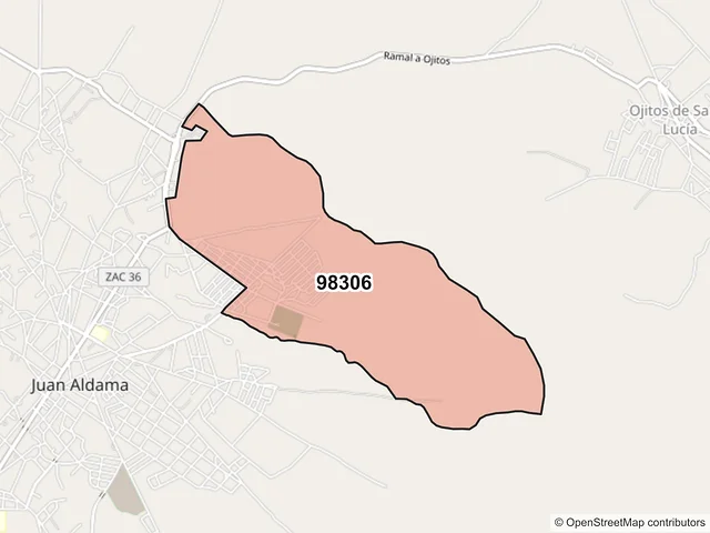 Mapa del código postal 98306, Juan Aldama, Zacatecas