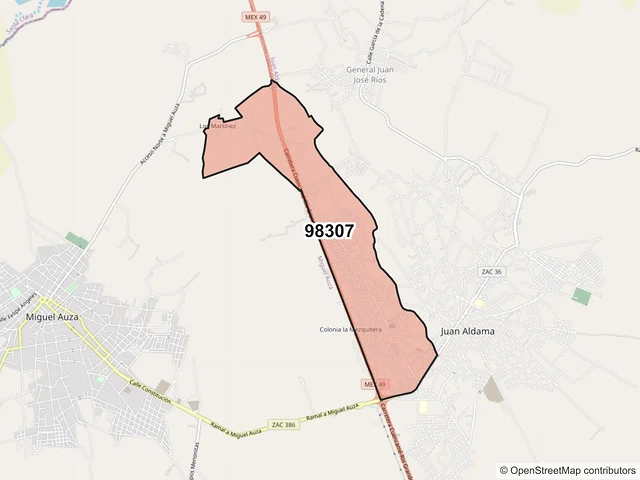 Mapa del código postal 98307, Juan Aldama, Zacatecas