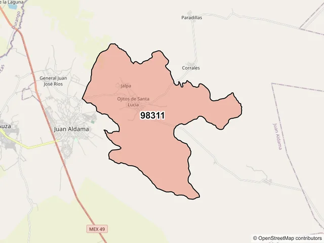 Mapa del código postal 98311, Juan Aldama, Zacatecas