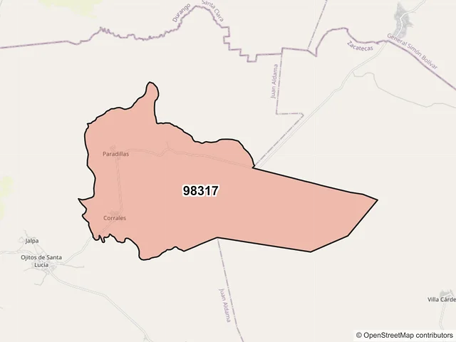 Mapa del código postal 98317, Juan Aldama, Zacatecas