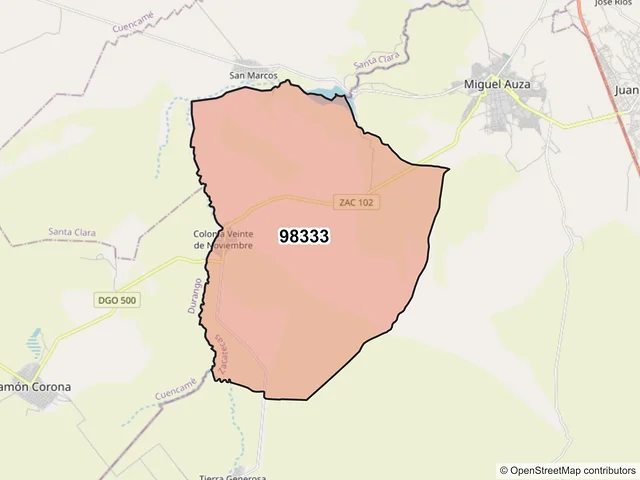 Mapa del código postal 98333, Miguel Auza, Zacatecas