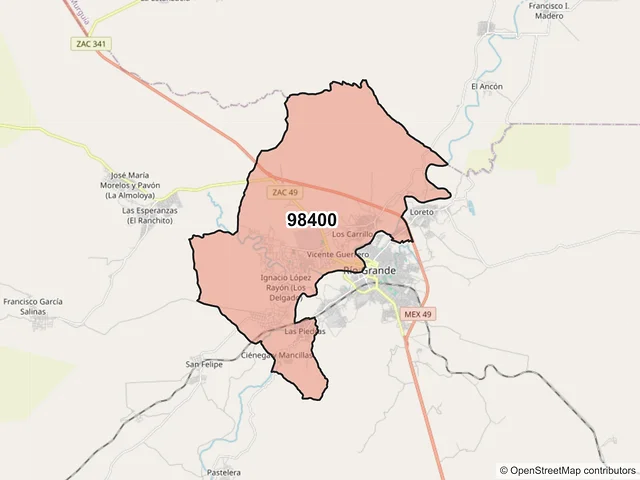 Mapa del código postal 98400, Río Grande, Zacatecas