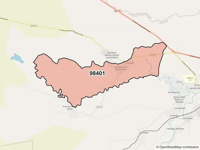 Mapa del código postal 98401, Río Grande, Zacatecas