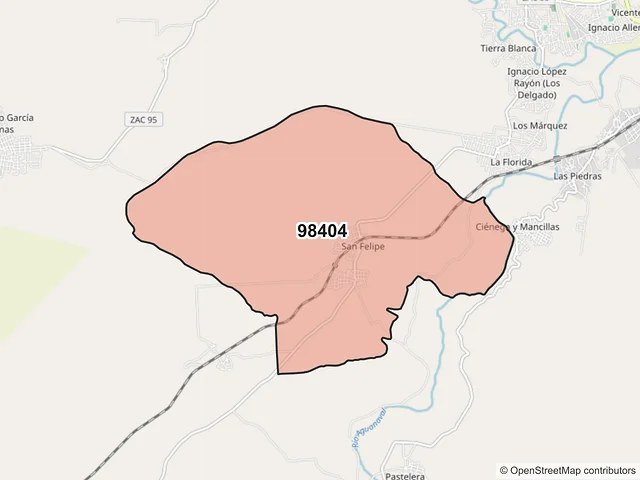 Mapa del código postal 98404, Río Grande, Zacatecas