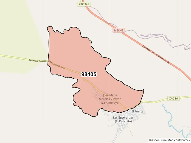 Mapa del código postal 98405, Río Grande, Zacatecas