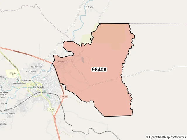Mapa del código postal 98406, Río Grande, Zacatecas