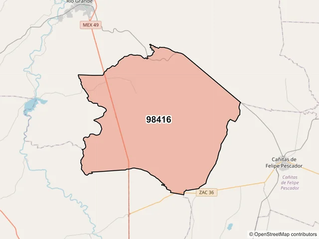 Mapa del código postal 98416, Río Grande, Zacatecas