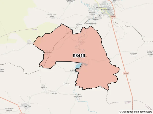 Mapa del código postal 98419, Río Grande, Zacatecas