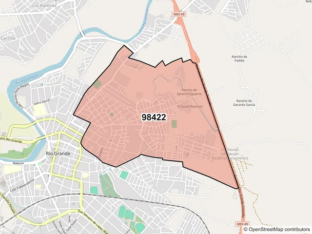 Mapa del código postal 98422, Río Grande, Zacatecas