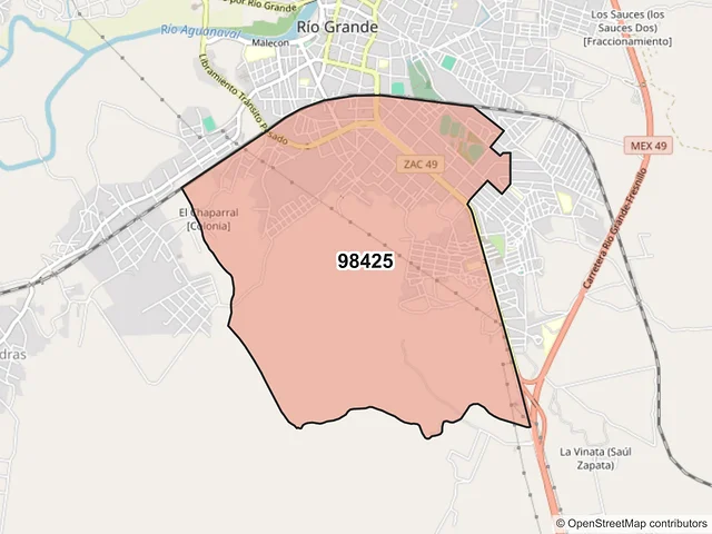 Mapa del código postal 98425, Río Grande, Zacatecas