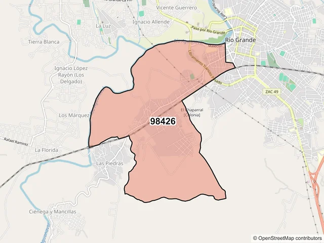 Mapa del código postal 98426, Río Grande, Zacatecas
