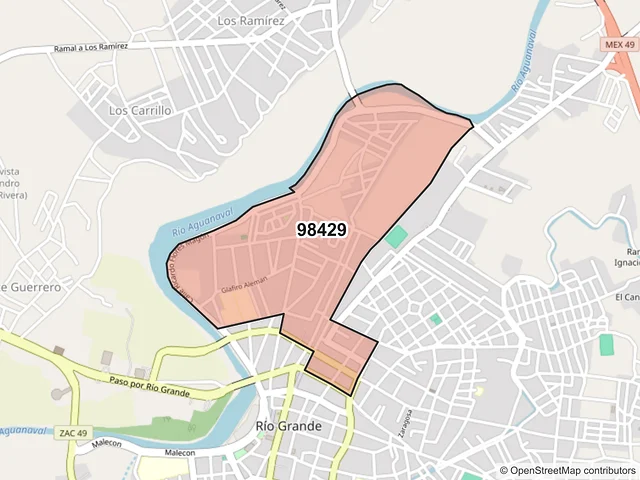 Mapa del código postal 98429, Río Grande, Zacatecas