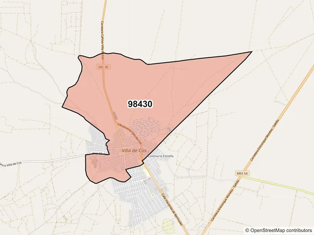 Mapa del código postal 98430, Villa de Cos, Zacatecas