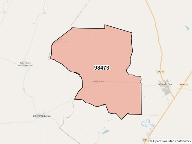 Mapa del código postal 98473, Villa de Cos, Zacatecas
