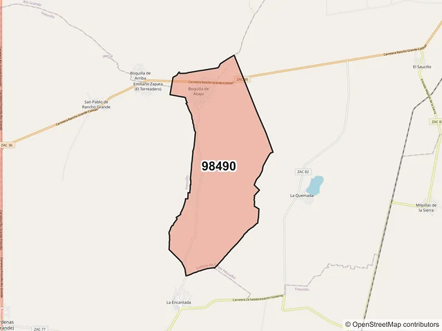 Mapa del código postal 98490, Cañitas de Felipe Pescador, Zacatecas