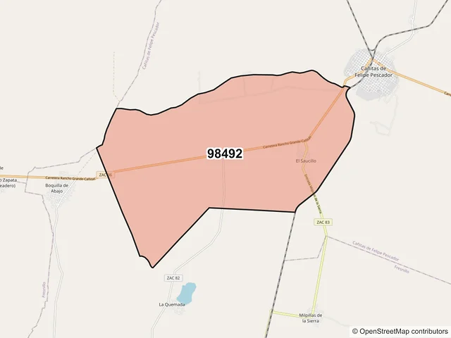 Mapa del código postal 98492, Cañitas de Felipe Pescador, Zacatecas