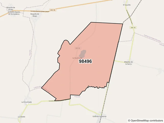 Mapa del código postal 98496, Cañitas de Felipe Pescador, Zacatecas