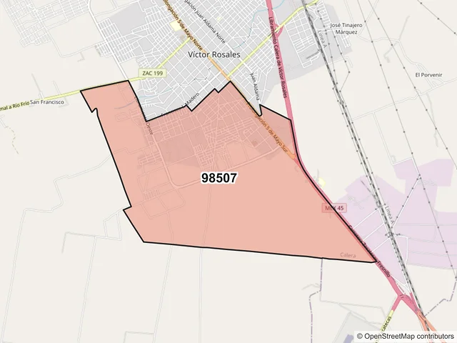 Mapa del código postal 98507, Calera, Zacatecas