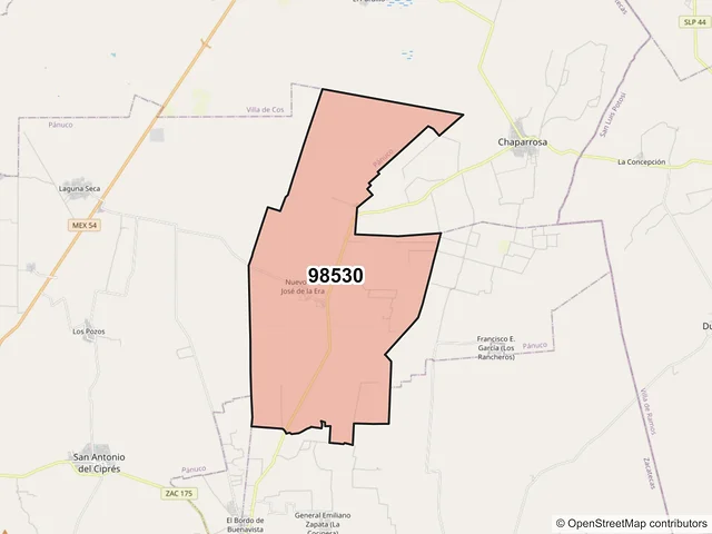 Mapa del código postal 98530, Pánuco, Zacatecas