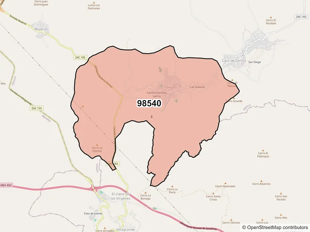 Mapa del código postal 98540, Pánuco, Zacatecas