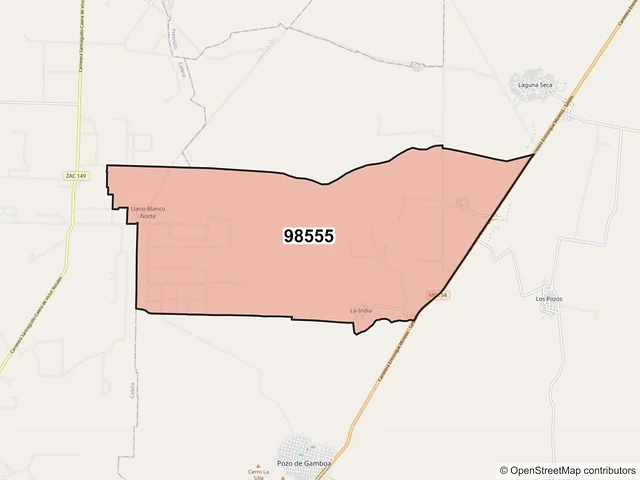 Mapa del código postal 98555, Pánuco, Zacatecas