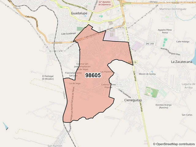 Mapa del código postal 98605, Guadalupe, Zacatecas