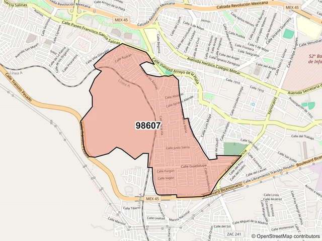 Mapa del código postal 98607, Guadalupe, Zacatecas