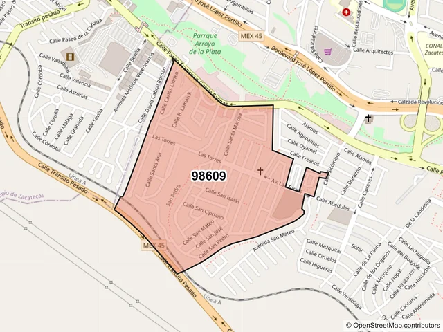 Mapa del código postal 98609, Guadalupe, Zacatecas
