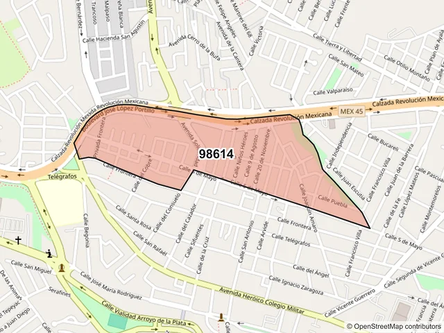 Mapa del código postal 98614, Guadalupe, Zacatecas