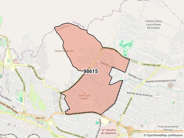 Mapa del código postal 98615, Guadalupe, Zacatecas
