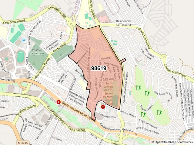 Mapa del código postal 98619, Guadalupe, Zacatecas