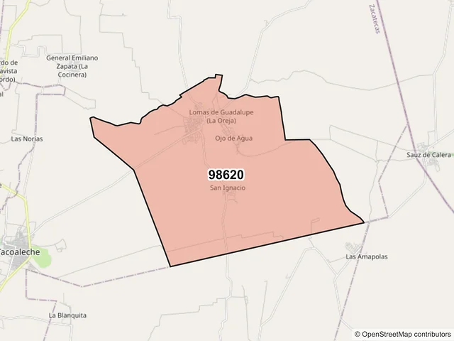 Mapa del código postal 98620, Guadalupe, Zacatecas