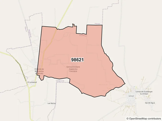 Mapa del código postal 98621, Guadalupe, Zacatecas