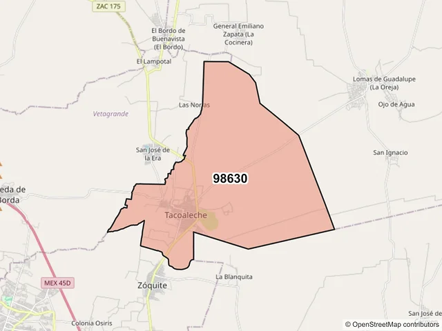 Mapa del código postal 98630, Guadalupe, Zacatecas