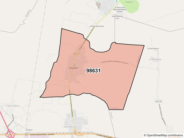 Mapa del código postal 98631, Guadalupe, Zacatecas