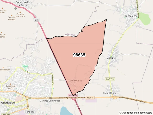 Mapa del código postal 98635, Guadalupe, Zacatecas