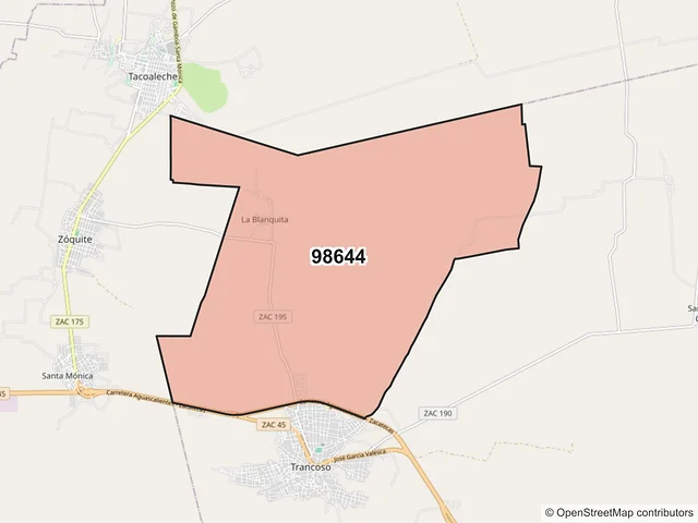Mapa del código postal 98644, Trancoso, Zacatecas